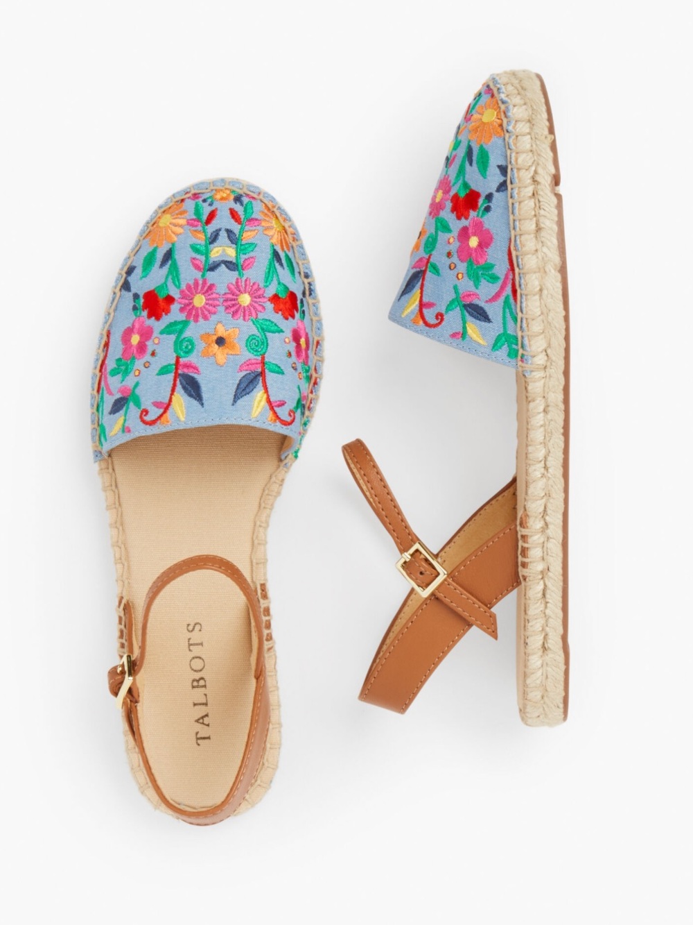 Talbots Chambray Floral Embroidered D'Orsay Espadrilles - Blue & Brown 9